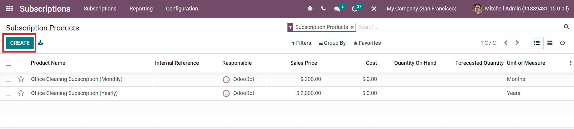 Odoo 15 subscriptions