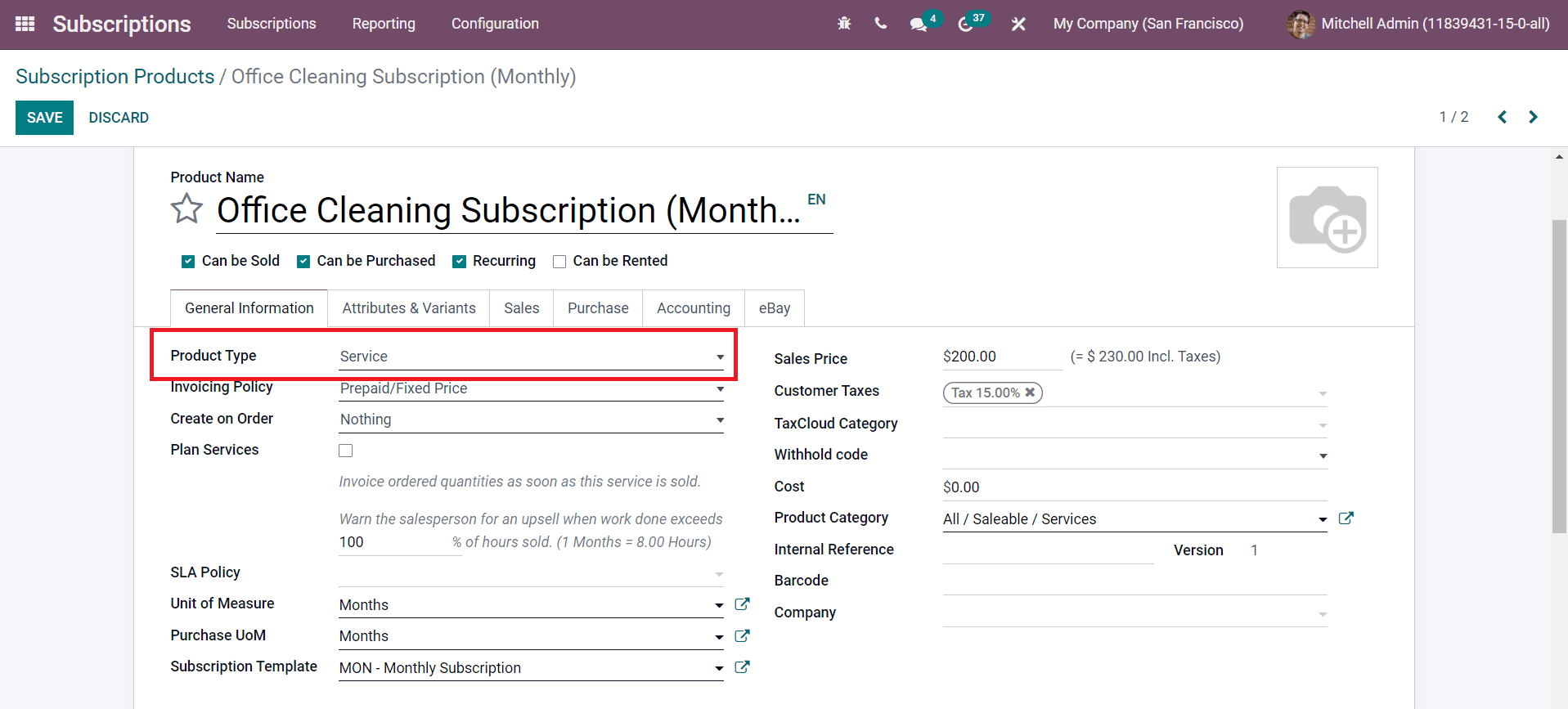 Odoo 15 subscriptions